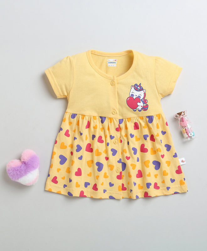 Yellow Girls Half Sleeves Cotton Knee Length Frock