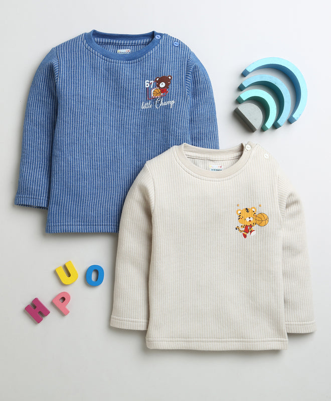 Boys Cotton Blend Solid Thermal T-Shirt - Beige & Indigo Blue