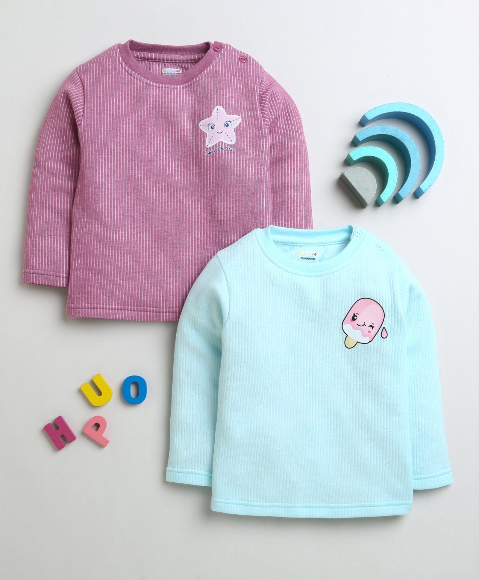 Girls Cotton Blend Solid Thermal T-Shirt - Sky Blue & Mauve