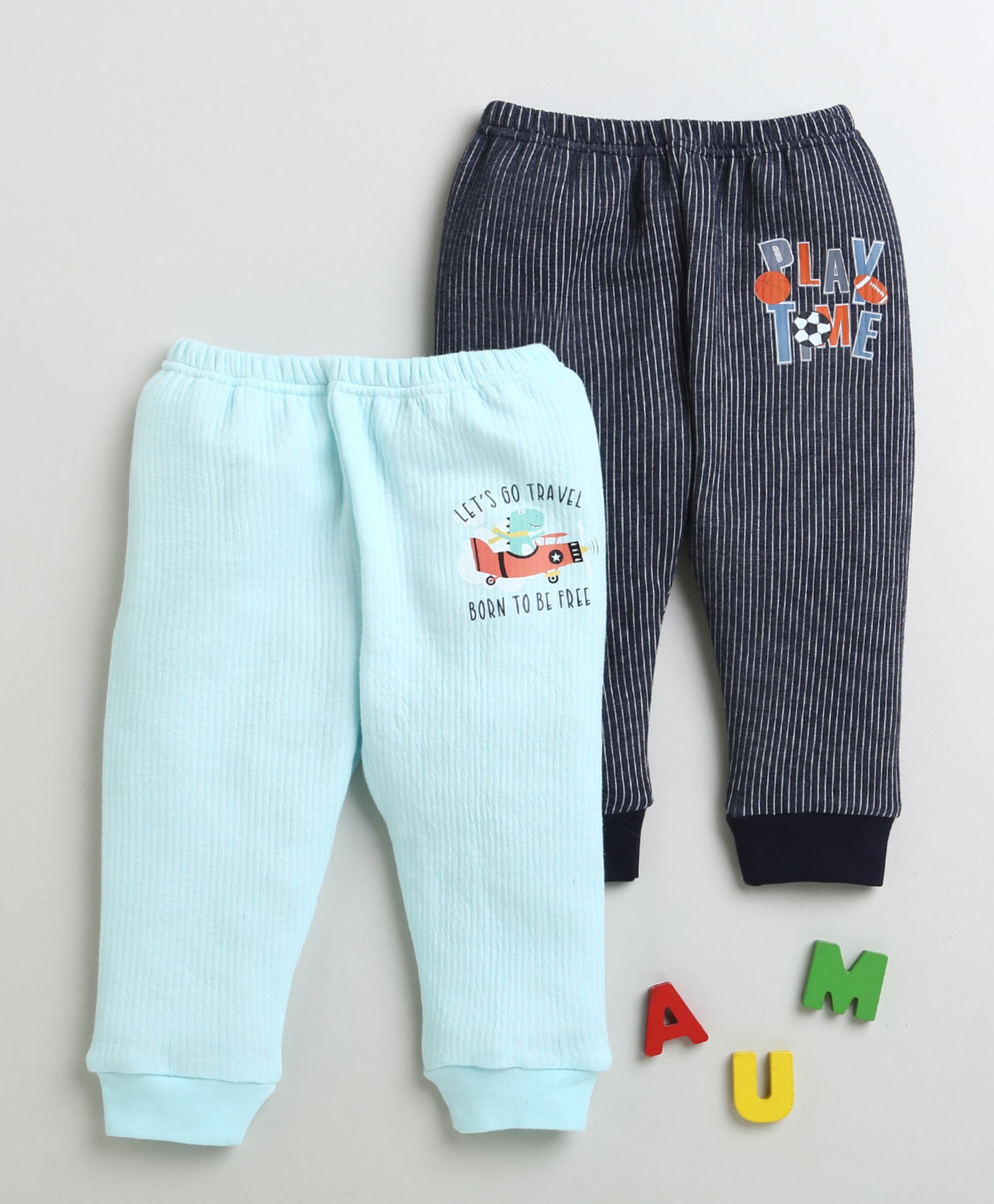 Boys Cotton Blend Solid Thermal Jogger - Sky Blue & Charcoal Grey