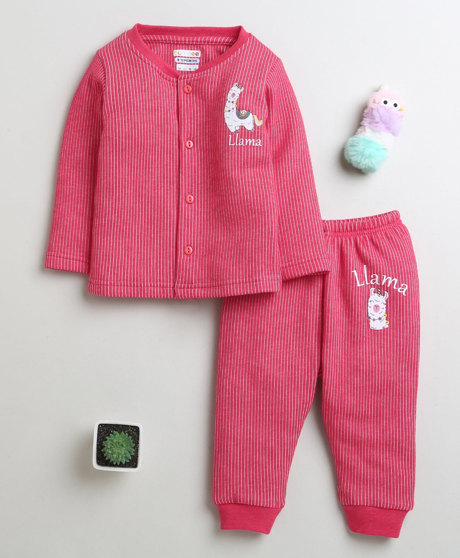Girls Cotton Blend Solid Thermal Jabla & Jogger Set - Dark Pink