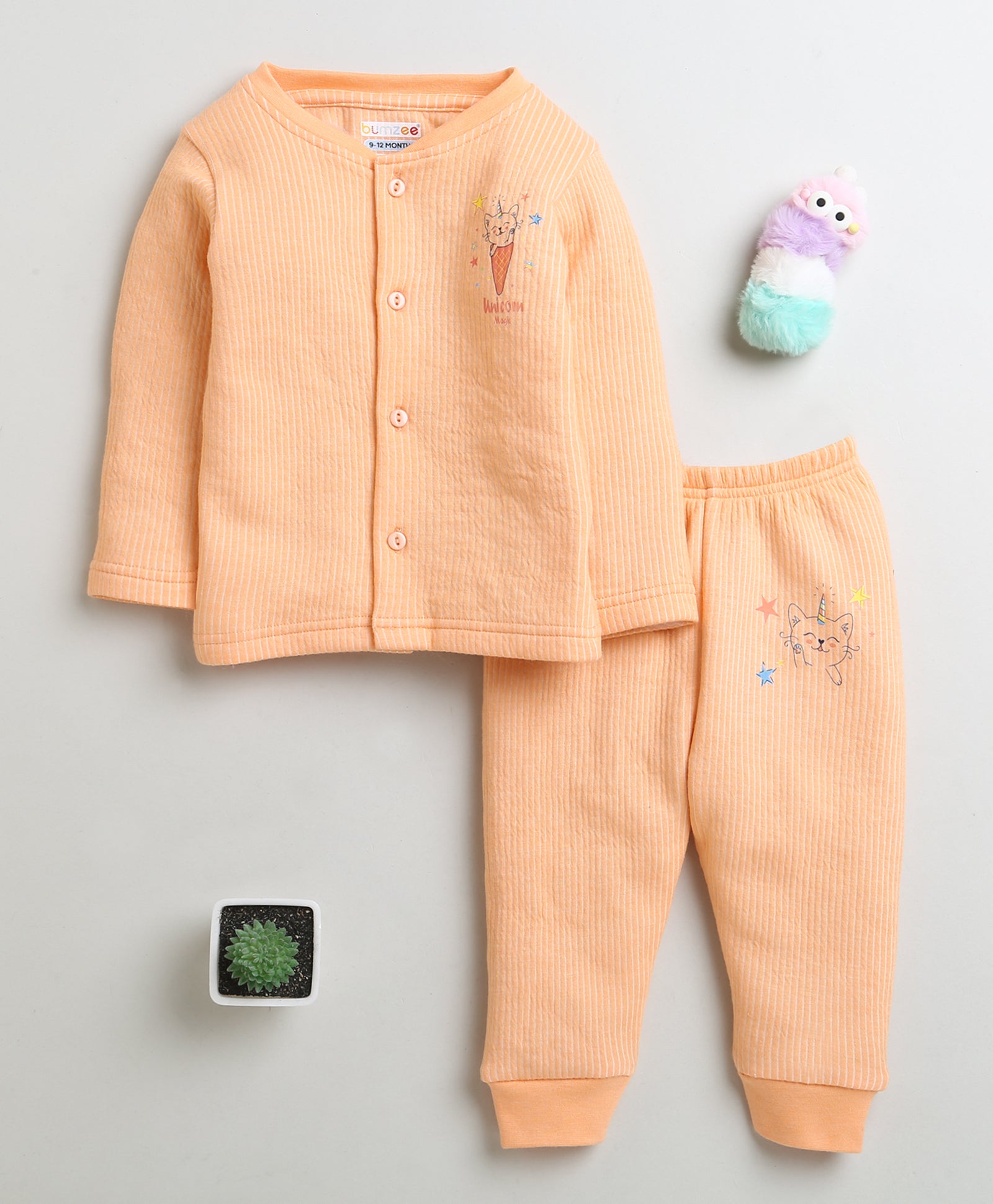 Girls Cotton Blend Solid Thermal Jabla & Jogger Set - Orange