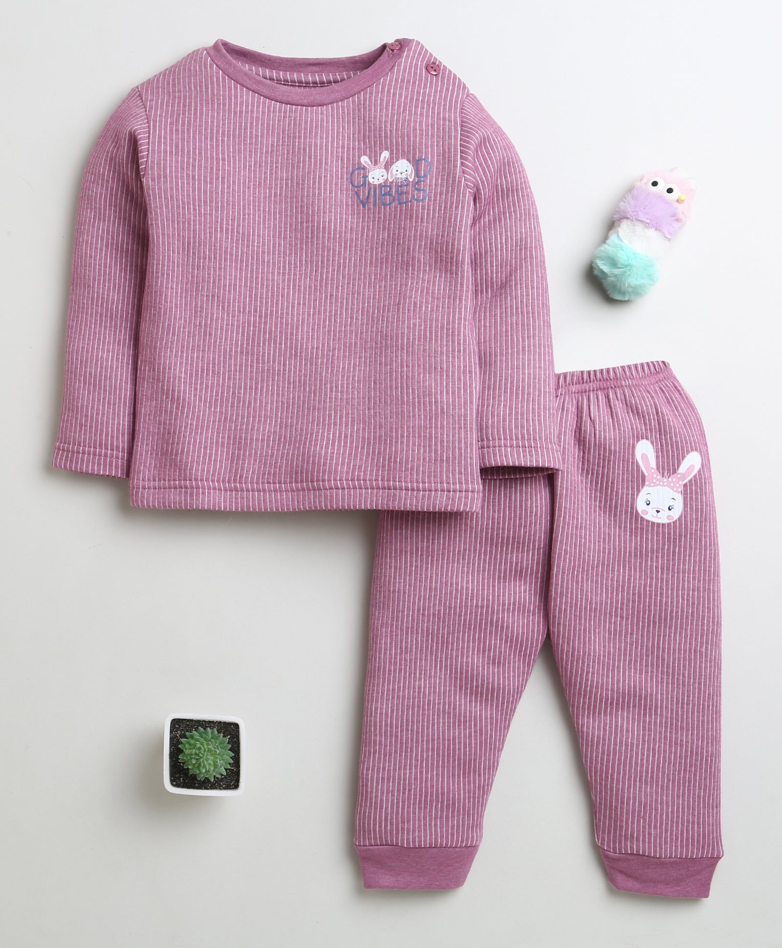 Girls Cotton Blend Solid Thermal T-Shirt & Jogger Set - Mauve