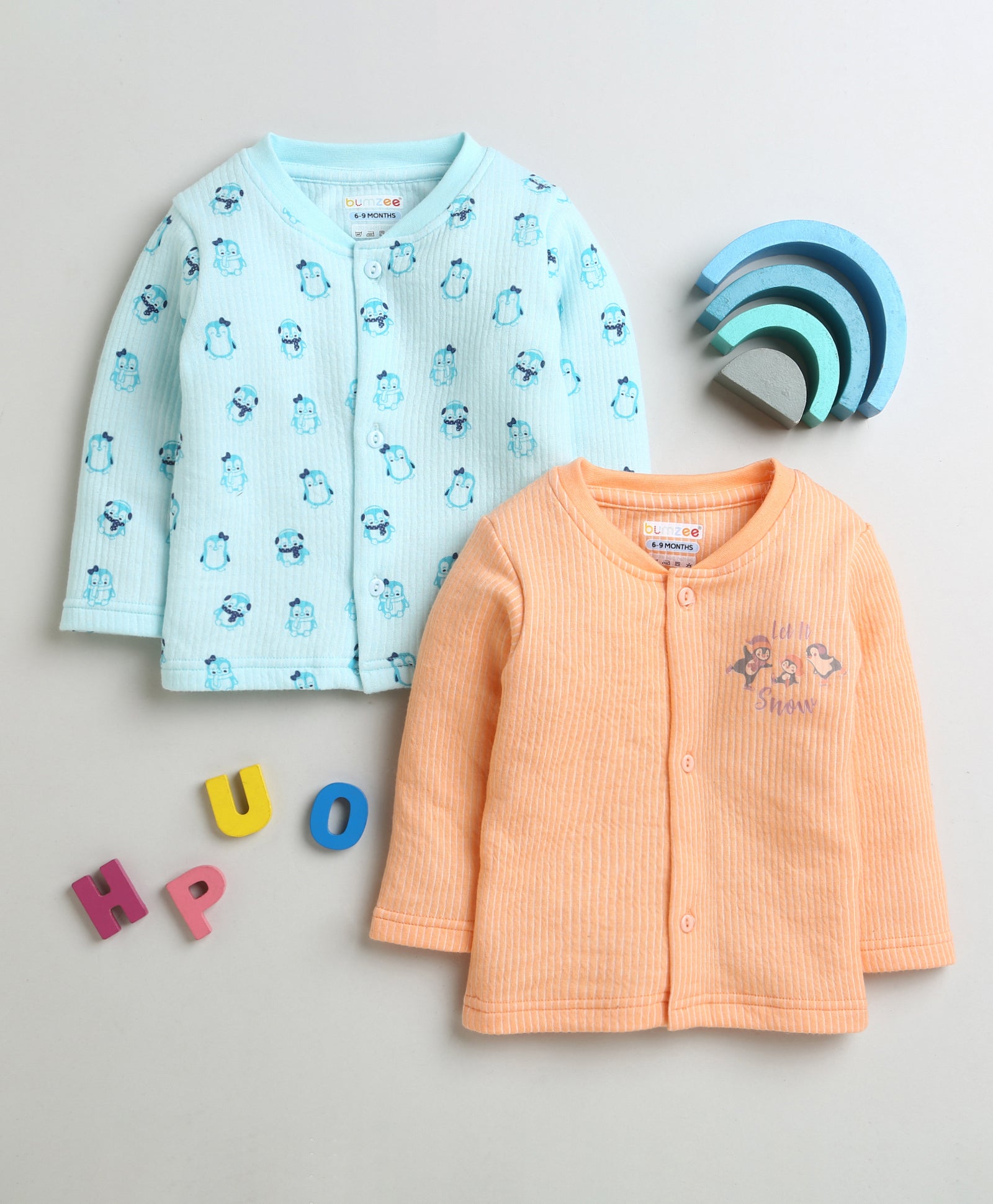 Girls Cotton Blend Penguin Thermal Jabla - Orange & Sky Blue