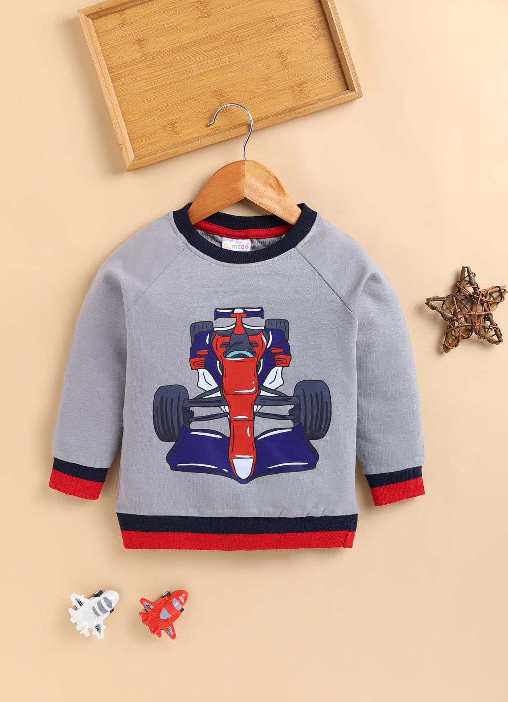 Bumzee Grey Graphic Print Sweatshirt, Raglan Sleeves, French Terry