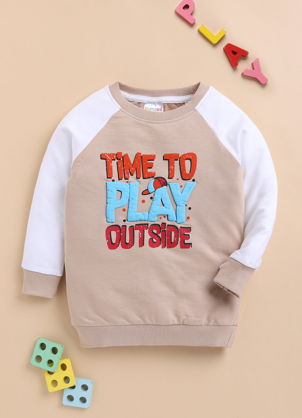 Bumzee Beige & White Graphic Print Sweatshirt, Raglan Sleeves, French Terry