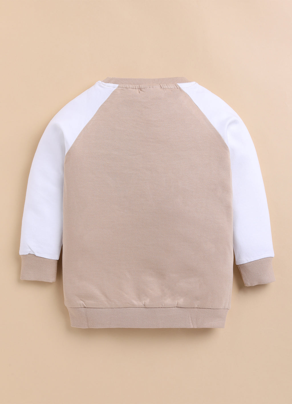 Bumzee Beige & White Graphic Print Sweatshirt, Raglan Sleeves, French Terry