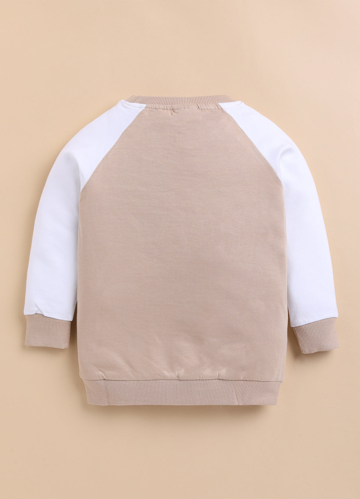Bumzee Beige & White Graphic Print Sweatshirt, Raglan Sleeves, French Terry