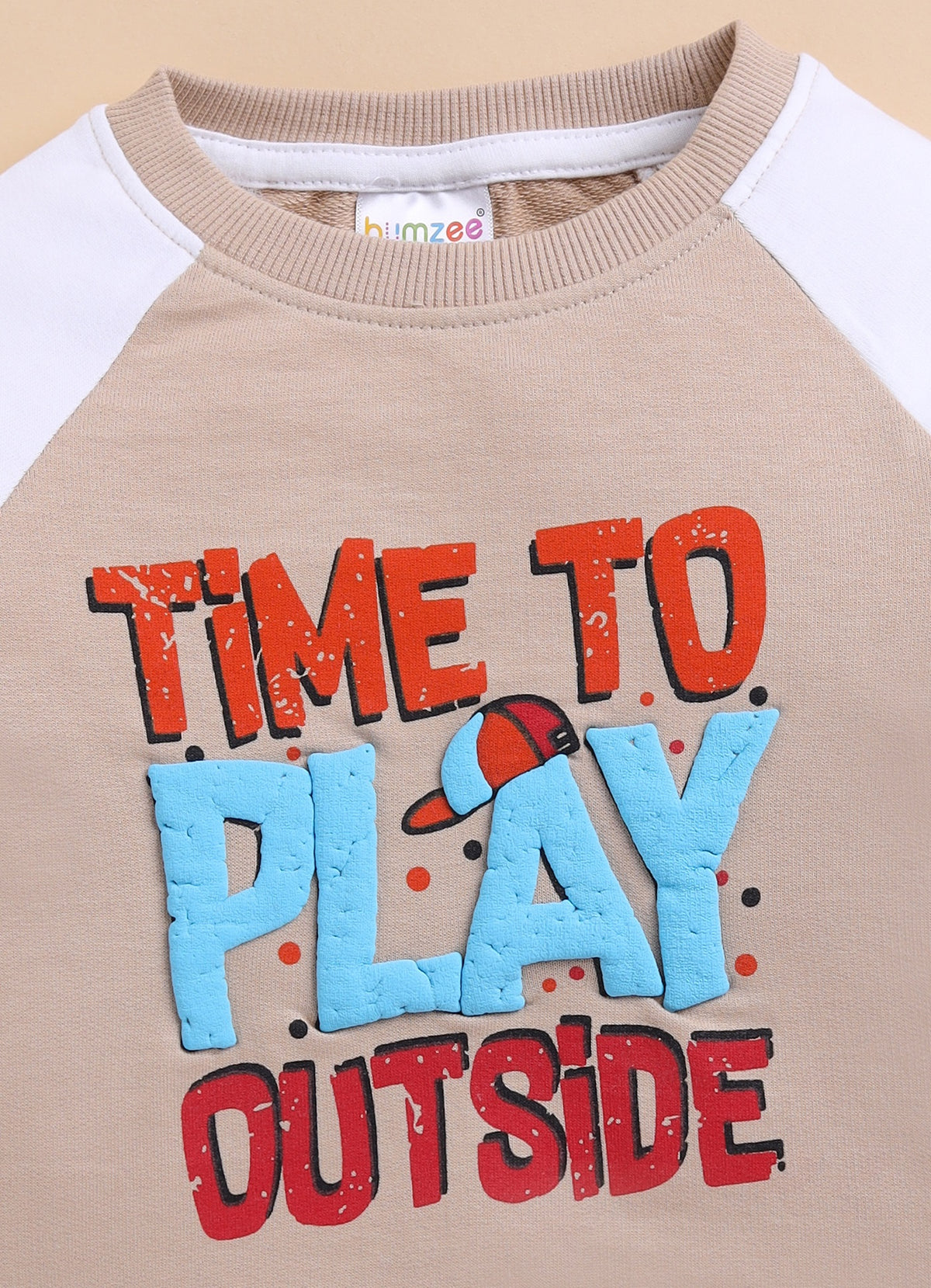 Bumzee Beige & White Graphic Print Sweatshirt, Raglan Sleeves, French Terry