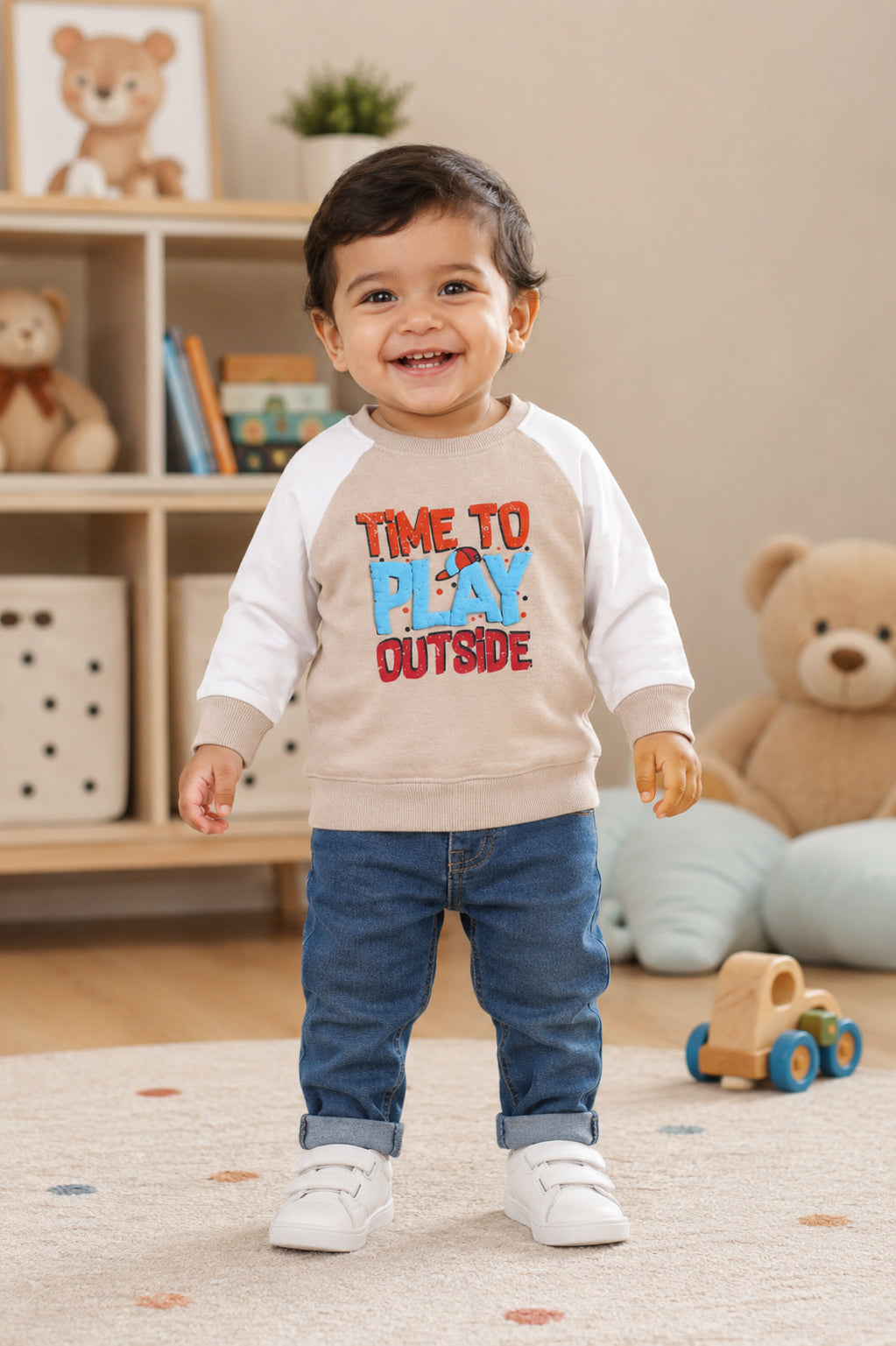 Bumzee Beige & White Graphic Print Sweatshirt, Raglan Sleeves, French Terry