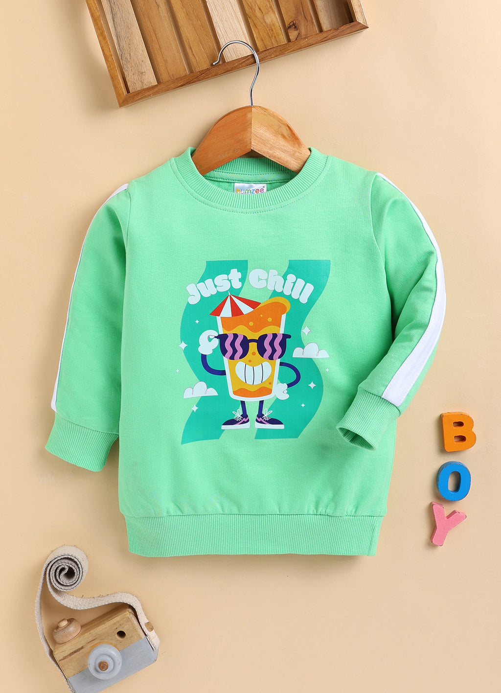 Bumzee Light Green Graphic Print Sweatshirt, Full Sleeves, French Terry (Style Peb9683N)