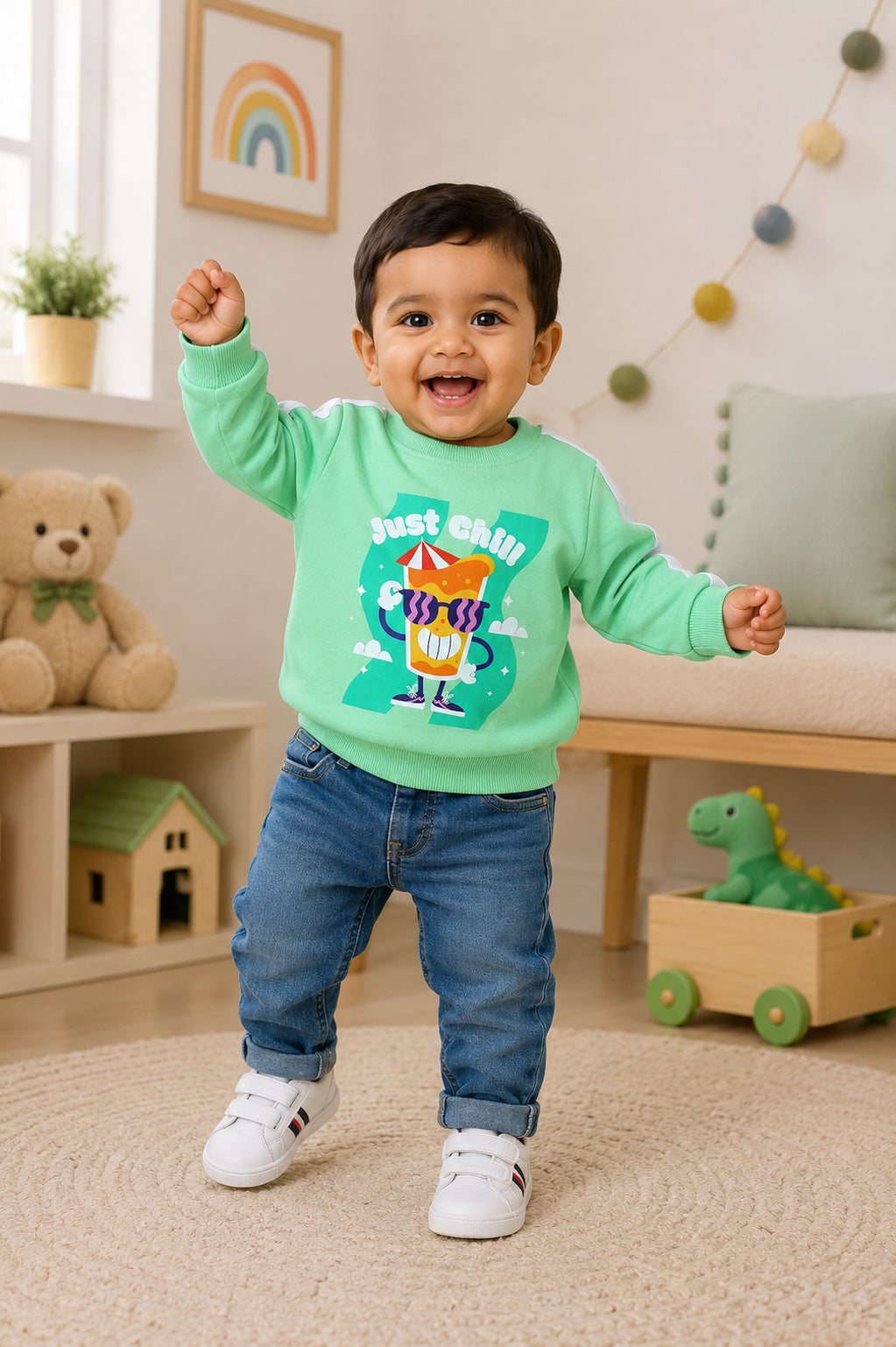 Bumzee Light Green Graphic Print Sweatshirt, Full Sleeves, French Terry (Style Peb9683N)