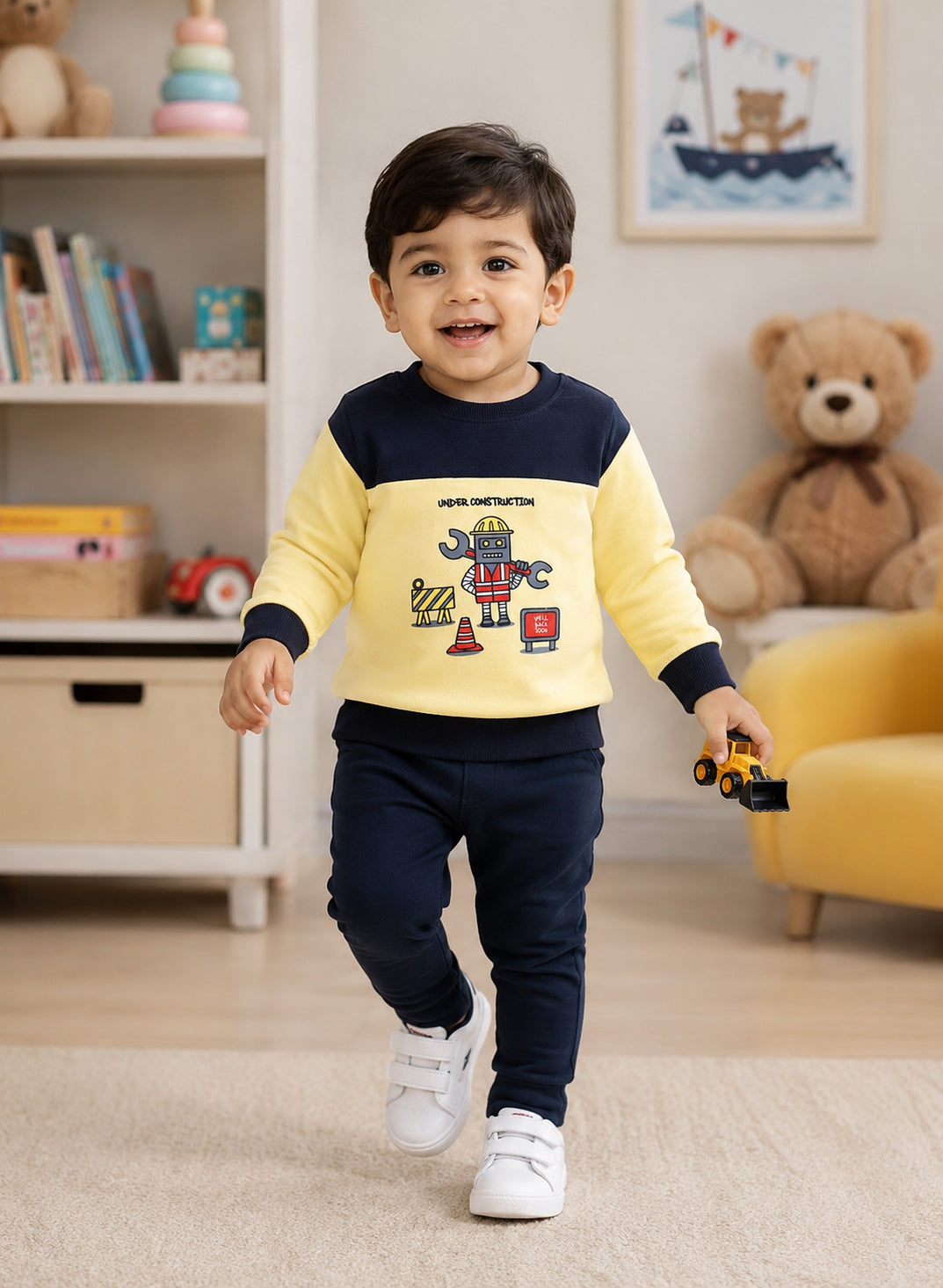 Bumzee Yellow & Navy Graphic Print Sweatshirt, Full Sleeves, French Terry (Style Peb9684N)
