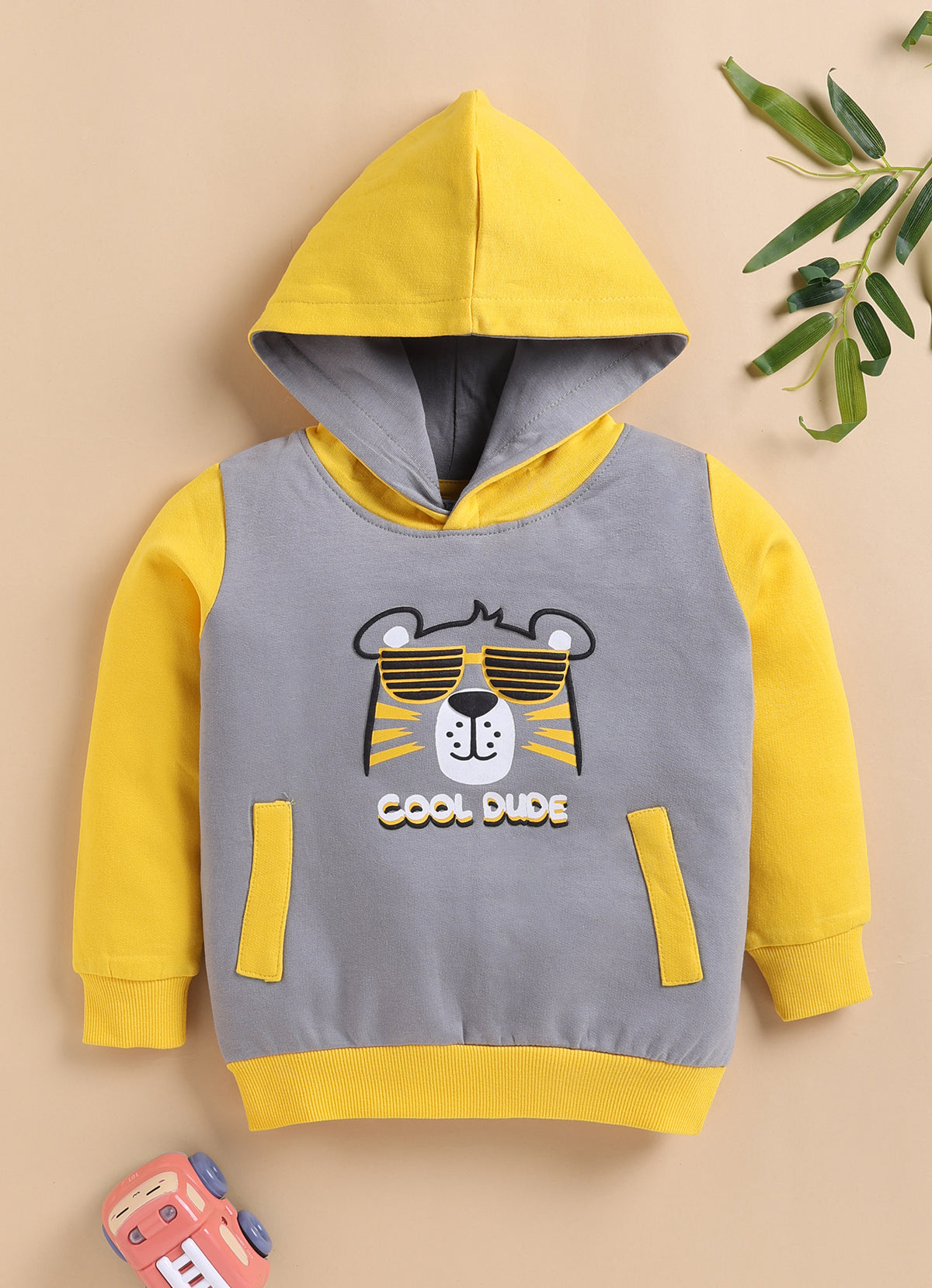 Bumzee Grey & Yellow Animal Print Sweatshirt, Full Sleeves, Fleece, Hooded (Style Peb9706N)