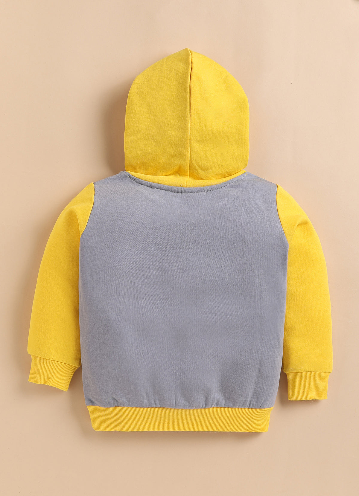 Bumzee Grey & Yellow Animal Print Sweatshirt, Full Sleeves, Fleece, Hooded (Style Peb9706N)