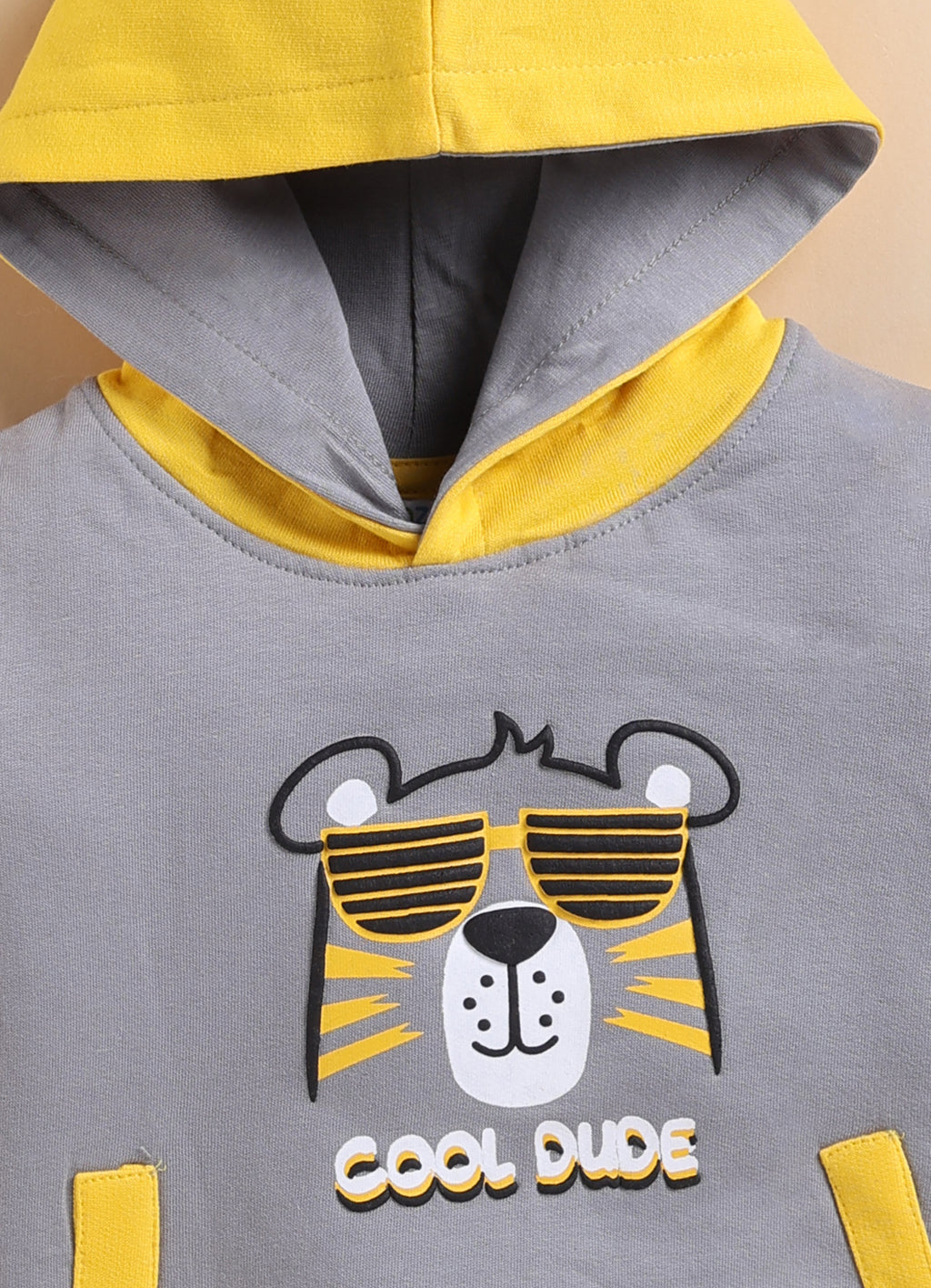 Bumzee Grey & Yellow Animal Print Sweatshirt, Full Sleeves, Fleece, Hooded (Style Peb9706N)