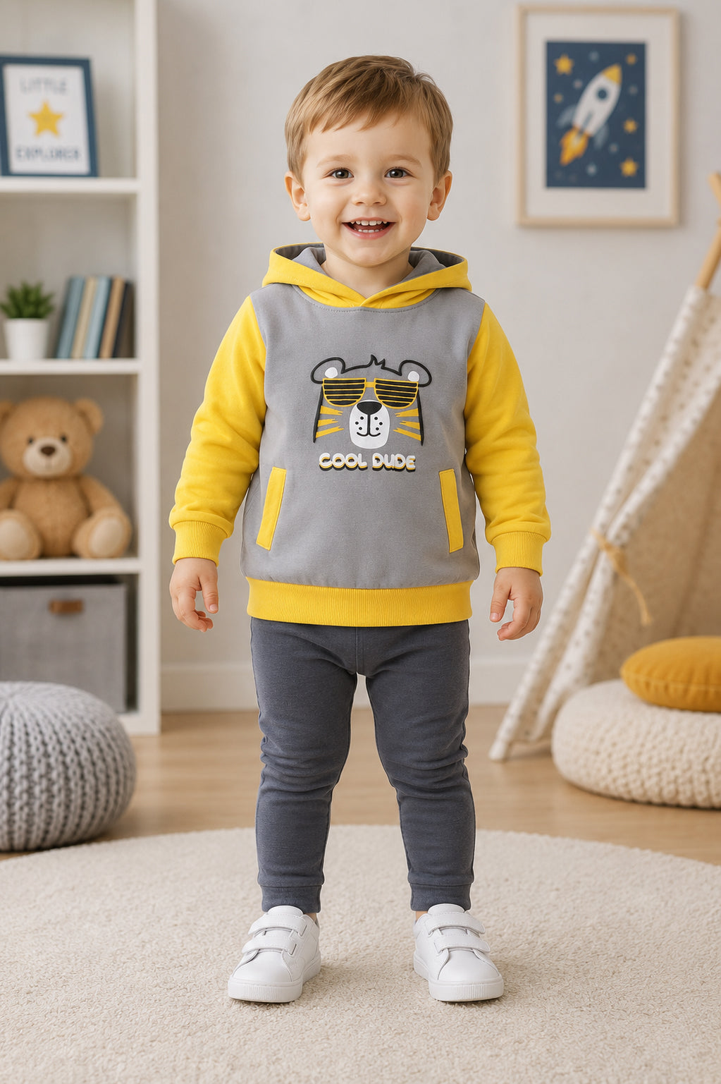 Bumzee Grey & Yellow Animal Print Sweatshirt, Full Sleeves, Fleece, Hooded (Style Peb9706N)