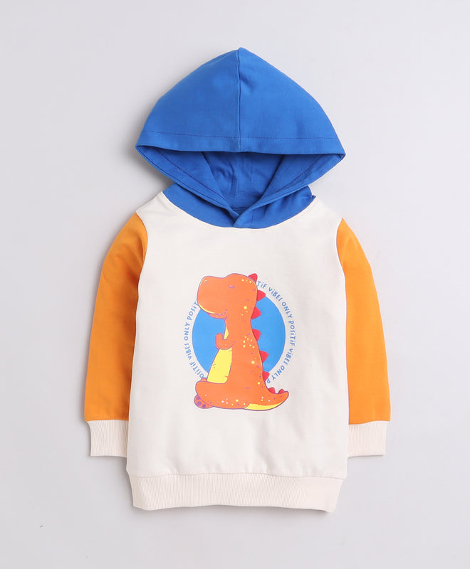 Boys French Terry Dino Hooded Sweatshirt - Beige & Orange