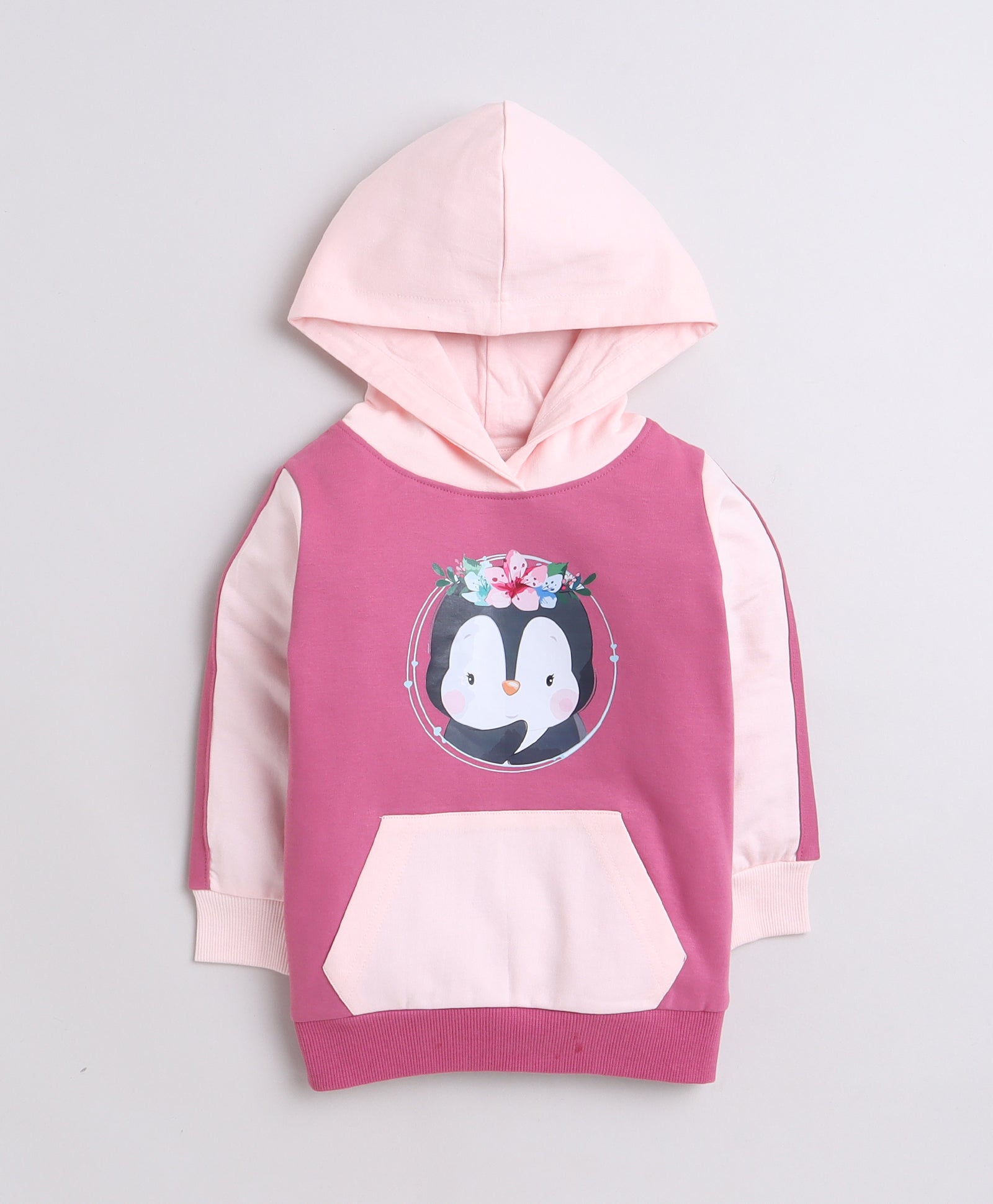 Girls Fleece Penguin Hooded Sweatshirt - Mauve & Pink