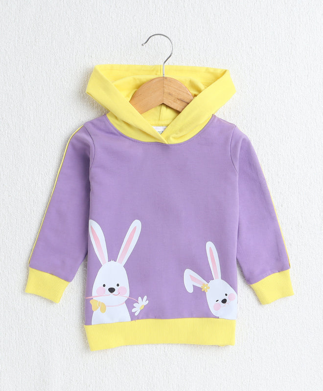 Girls  French Terry Bunny Hooded Sweatshirt - Lavender & Yellow