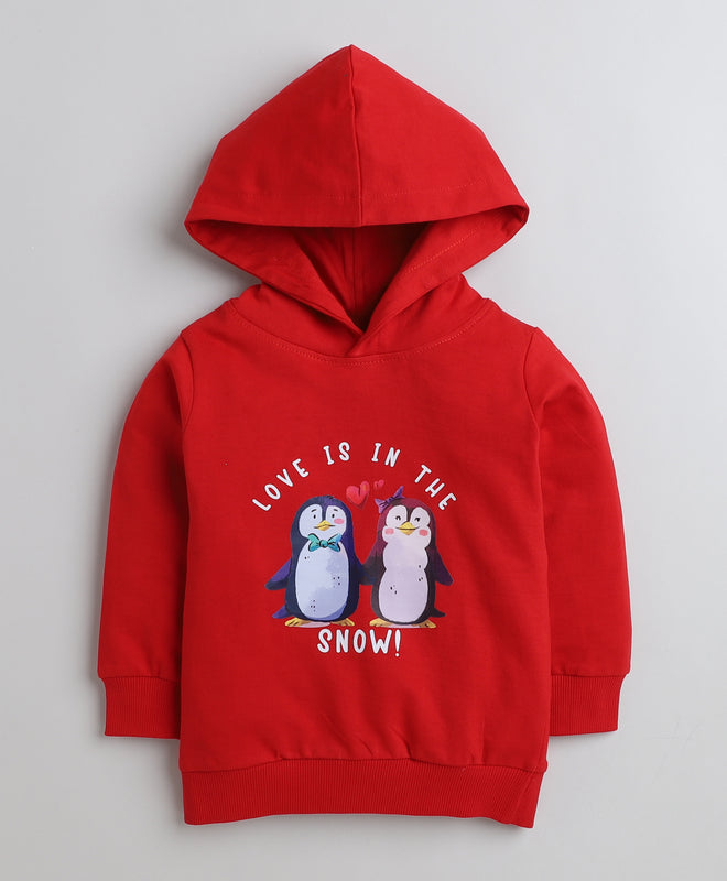 Girls Fleece Penguin Hooded Sweatshirt - Red