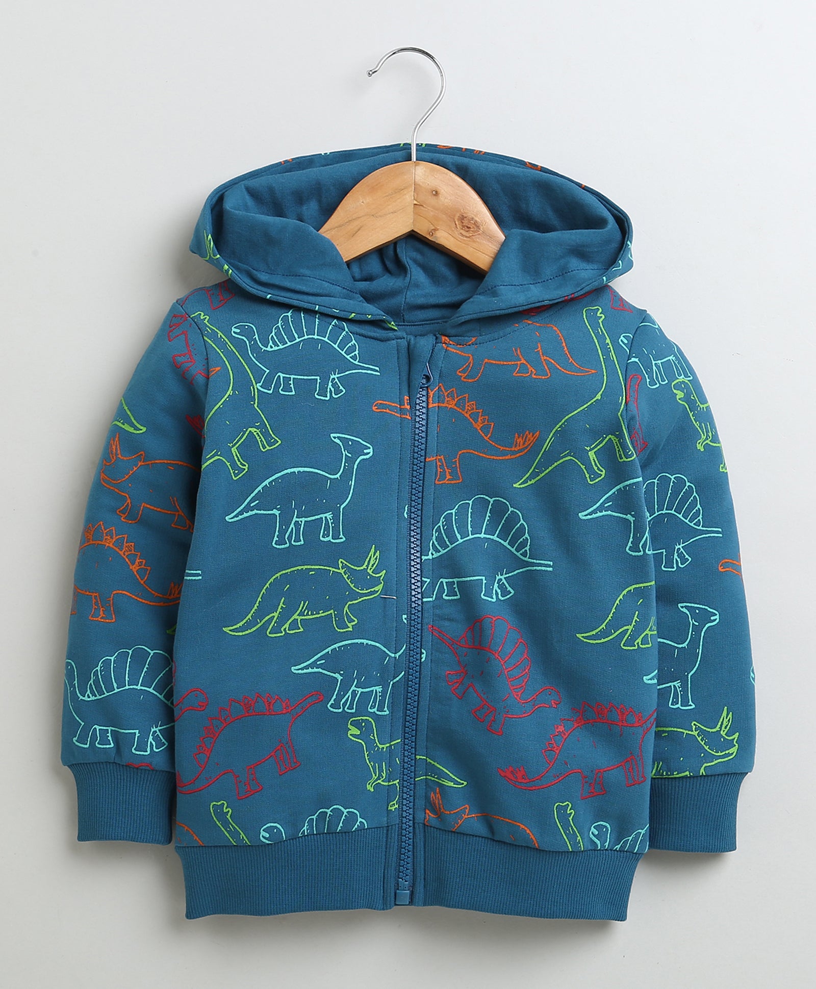 Boys French Terry Dinosaur Hooded Sweatshirt - Teal Blue