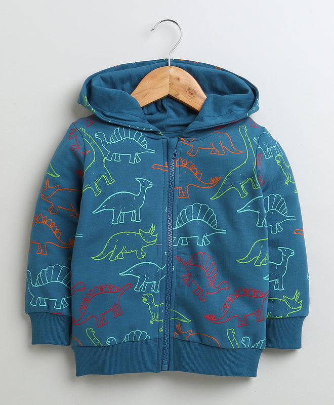 Boys French Terry Dinosaur Hooded Sweatshirt - Teal Blue