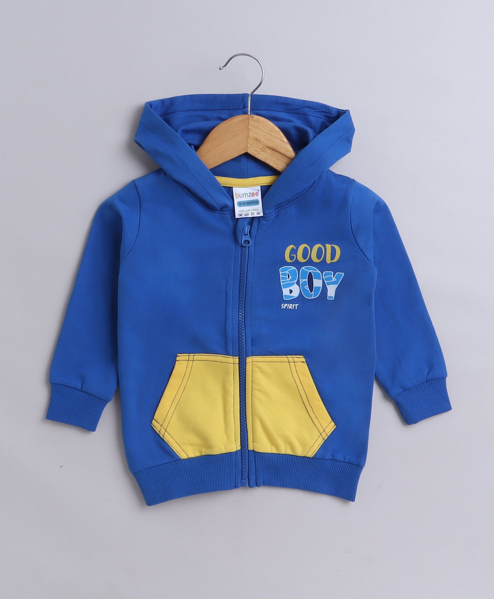 Boys Fleece Typography Hooded Sweatshirt - Yellow & Royal Blue