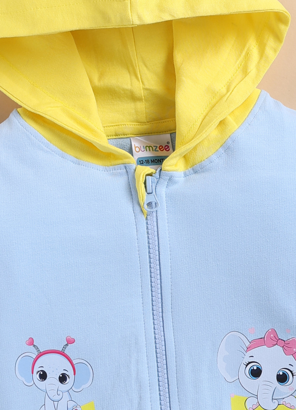 Bumzee Sky Blue & Yellow Animal Print Jacket, Full Sleeves, French Terry