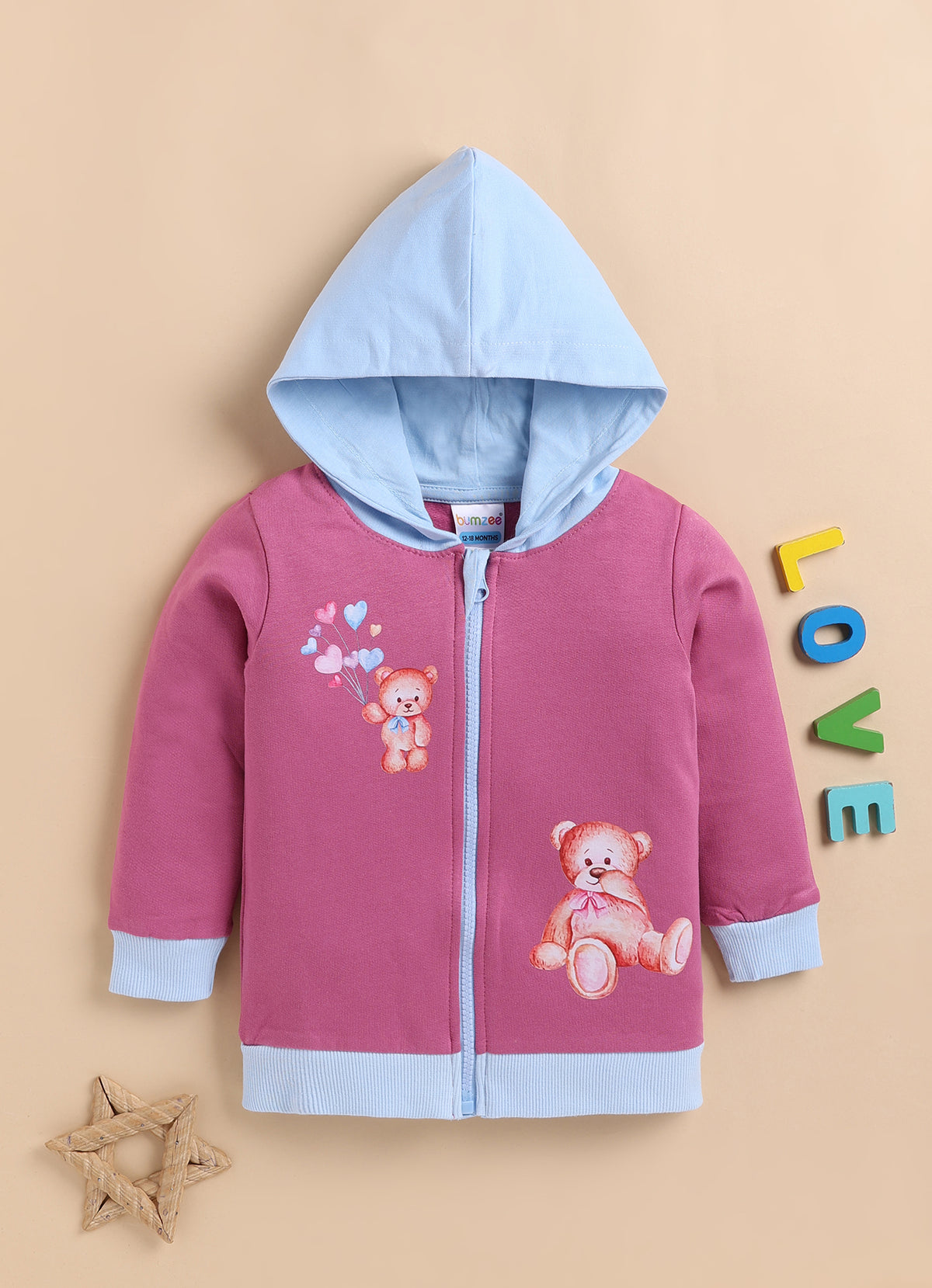 Bumzee Mauve & Sky Blue Animal Print Jacket, Full Sleeves, Fleece, Hooded (Style Peb9734N)