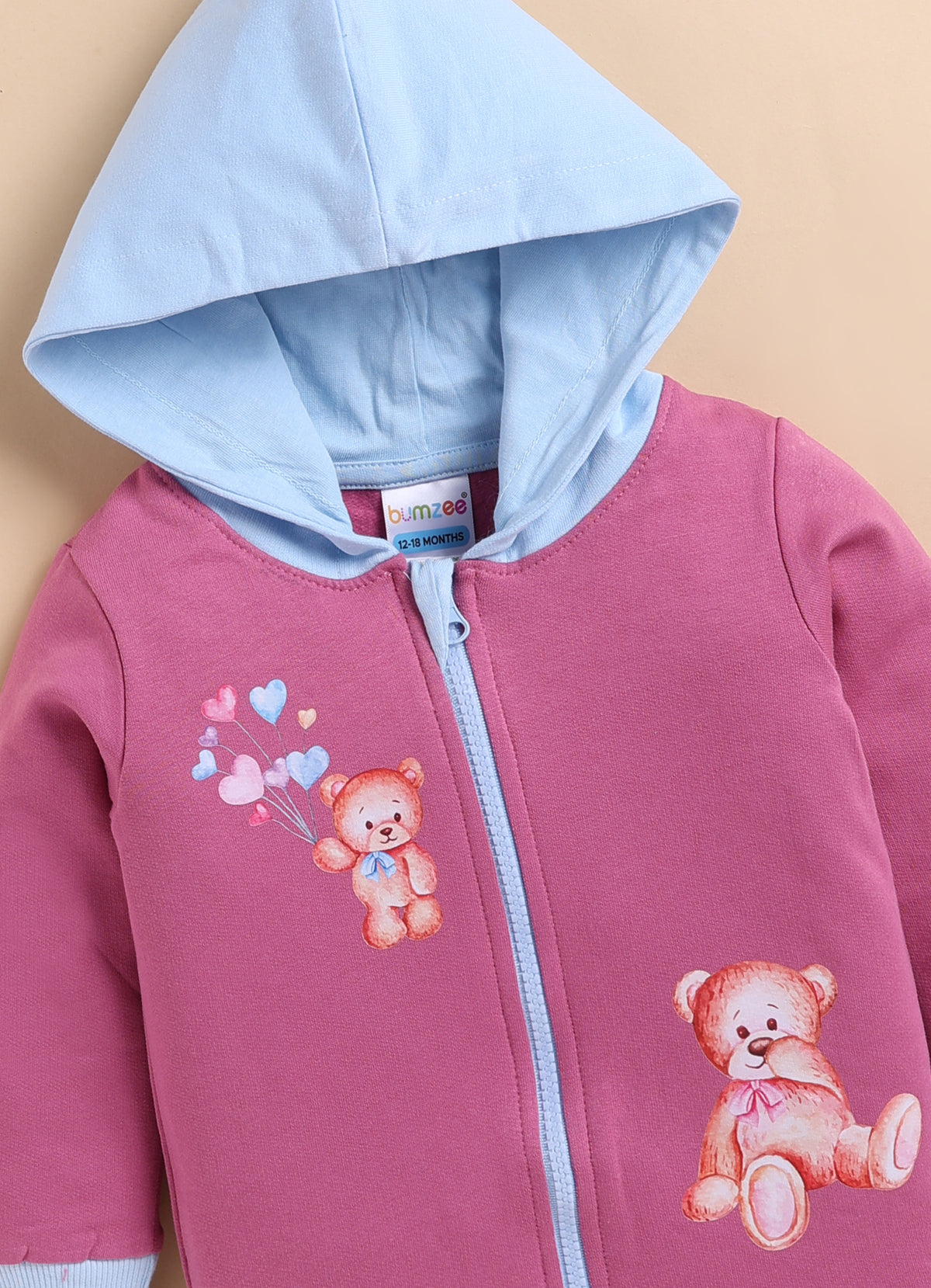 Bumzee Mauve & Sky Blue Animal Print Jacket, Full Sleeves, Fleece, Hooded (Style Peb9734N)