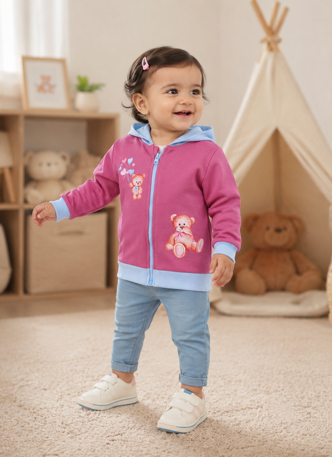 Bumzee Mauve & Sky Blue Animal Print Jacket, Full Sleeves, Fleece, Hooded (Style Peb9734N)