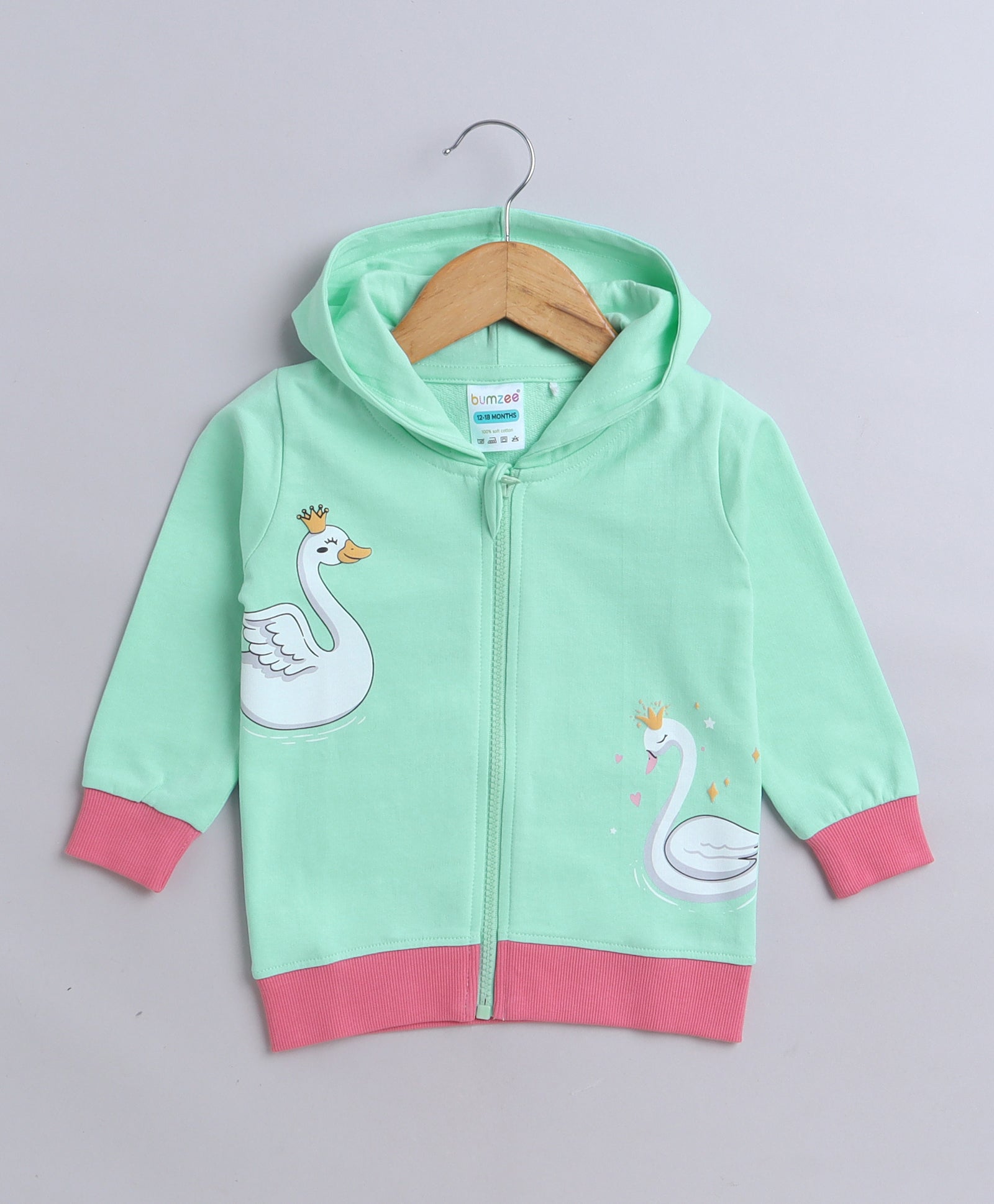 Girls French Terry Swan Hooded Sweatshirt - Green & Pink