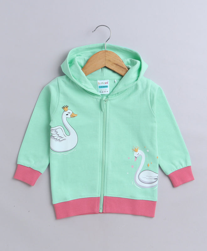 Girls French Terry Swan Hooded Sweatshirt - Green & Pink