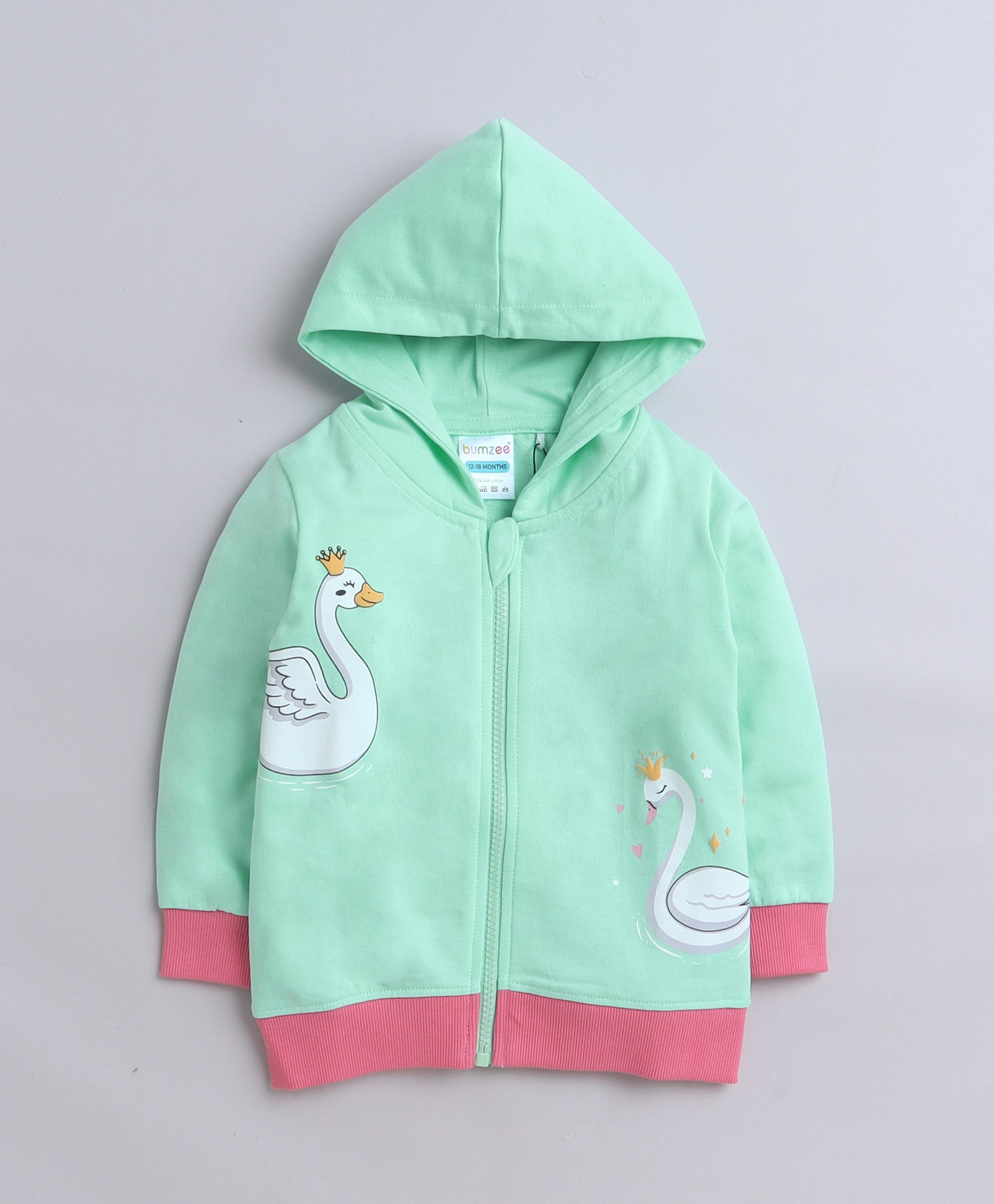 Girls French Terry Swan Hooded Sweatshirt - Green & Pink