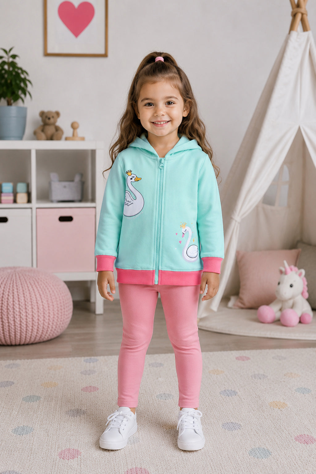 Bumzee Green & Pink Animal Print Jacket, Full Sleeves, French Terry