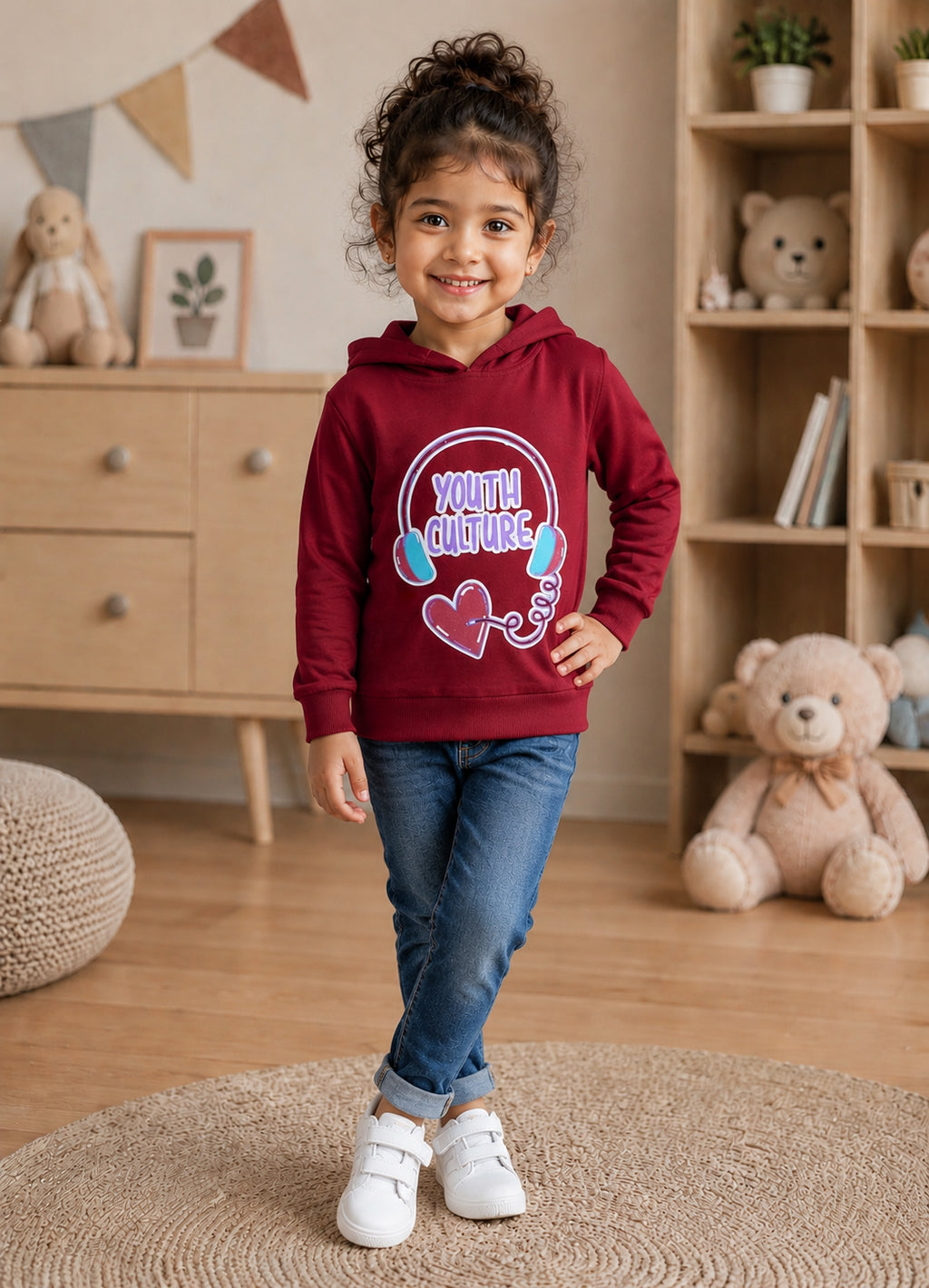 Bumzee Maroon Graphic Print Sweatshirt, Full Sleeves, French Terry, Hooded (Style Peb9782N)