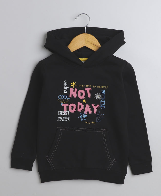 Girls Fleece Typography Hooded Sweatshirt - Black