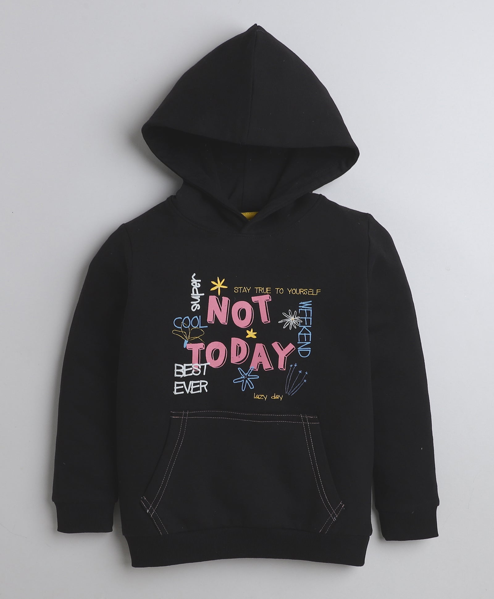 Girls Fleece Typography Hooded Sweatshirt - Black