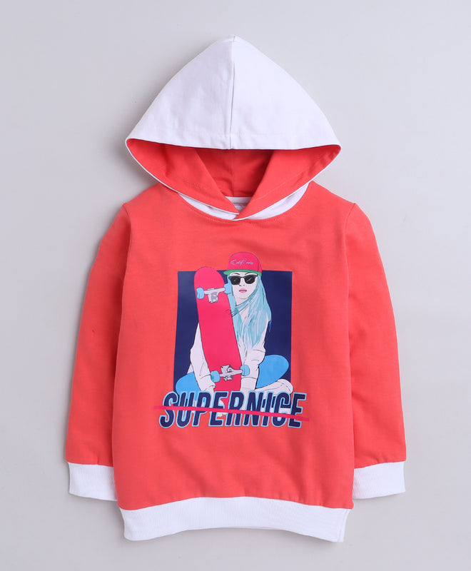 Girls French Terry Skate Board & Girl Hooded Sweatshirt - Coral