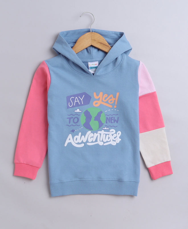 Girls French Terry Typography Hooded Sweatshirt - Blue
