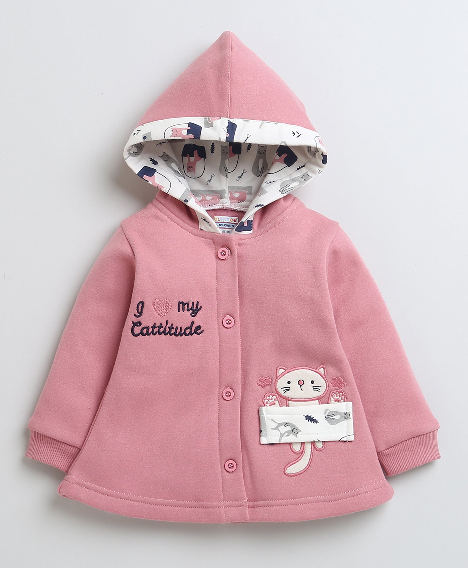 Girls Fleece Cat Hooded Sweatshirt - Pink & Off White