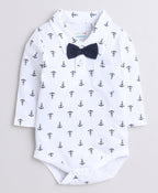 Bumzee Navy & White Graphic Print Bodysuit & Pant Set, Full Sleeves, 100% Cotton