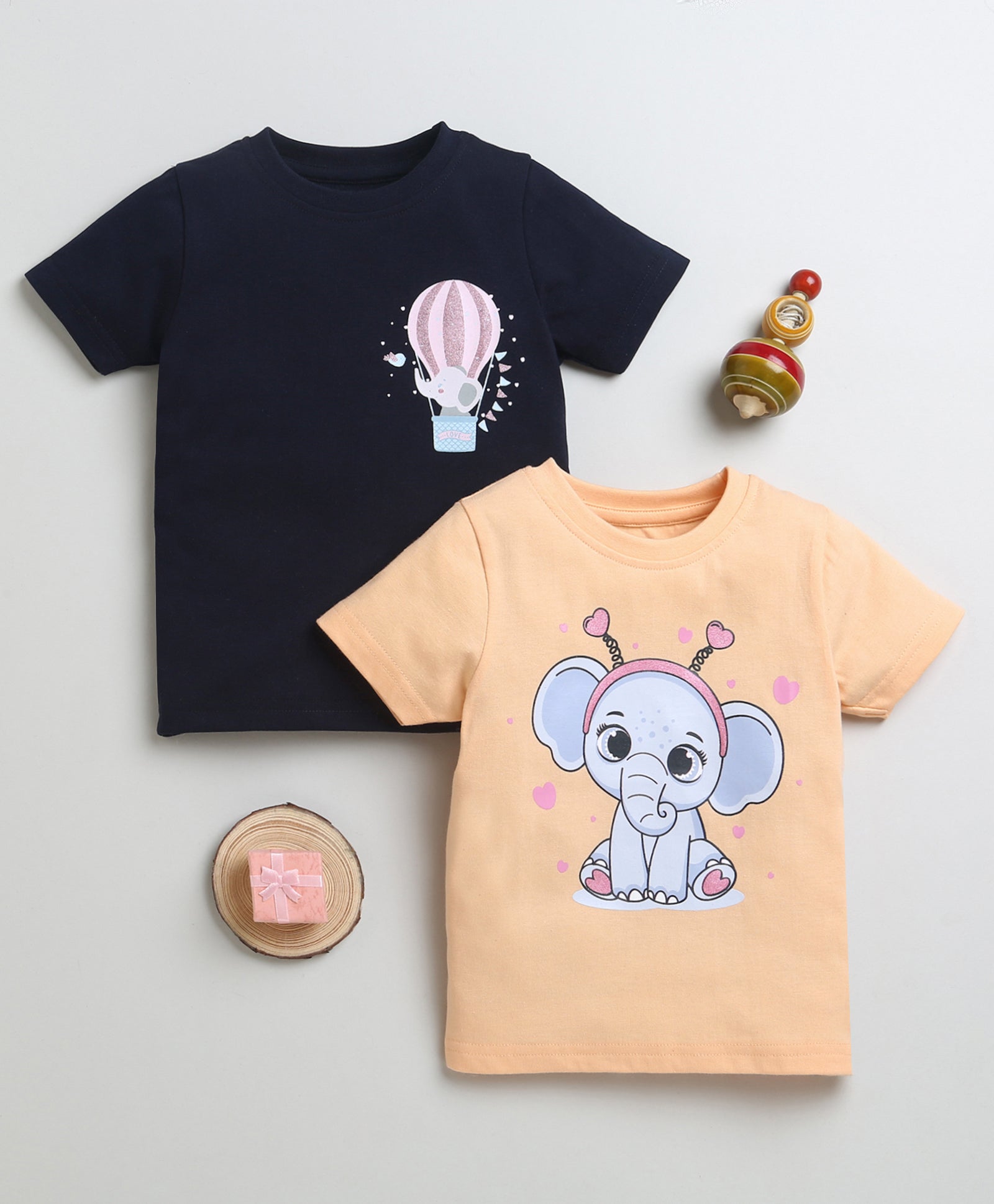 Girls 100% Cotton Elephant T-Shirt Pack - Navy & Orange
