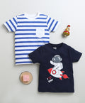 Bumzee Navy & White Graphic Print T-Shirt, Pack of 2, Half Sleeves, 100% Cotton