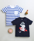 Bumzee Navy & White Graphic Print T-Shirt, Pack of 2, Half Sleeves, 100% Cotton