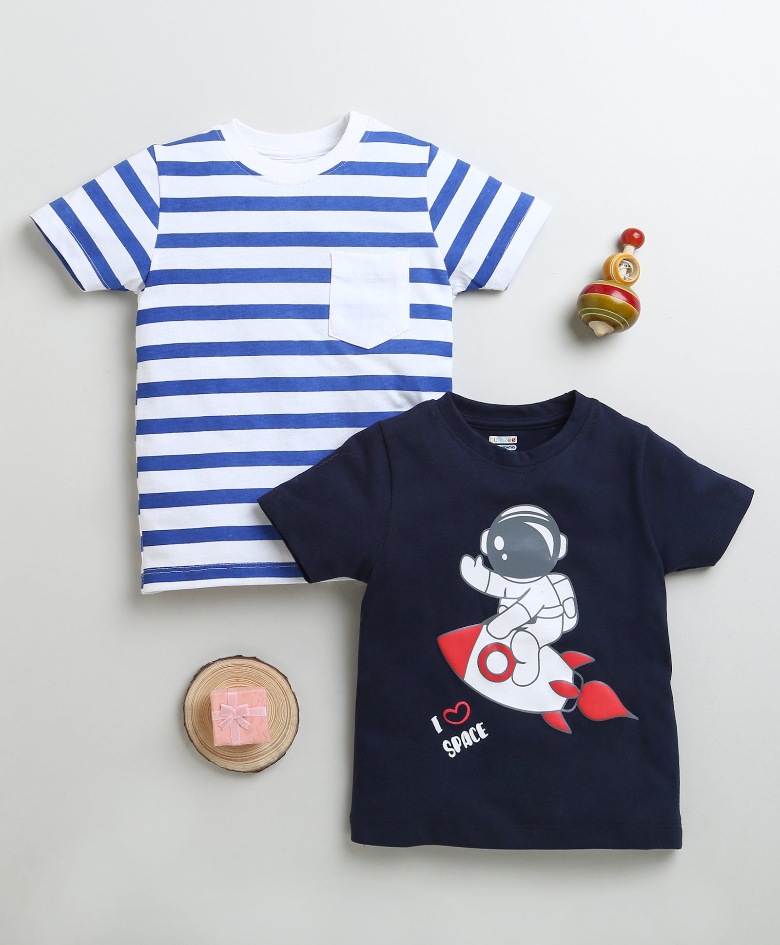 Boys 100% Cotton Astronaut & Stripes T-Shirt Pack - Navy & White