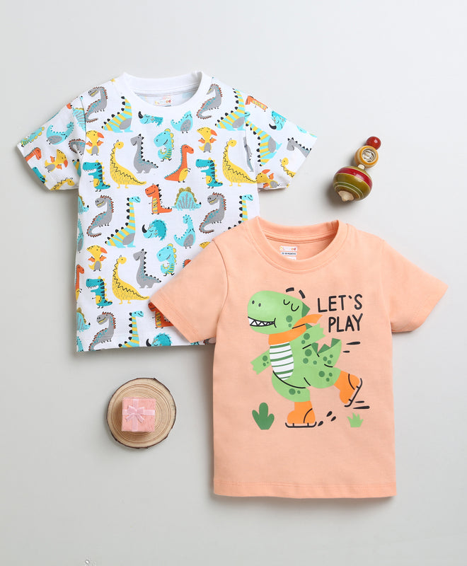 BUMZEE Orange & White Boys Half Sleeves Cotton T-Shirts Pack Of 2
