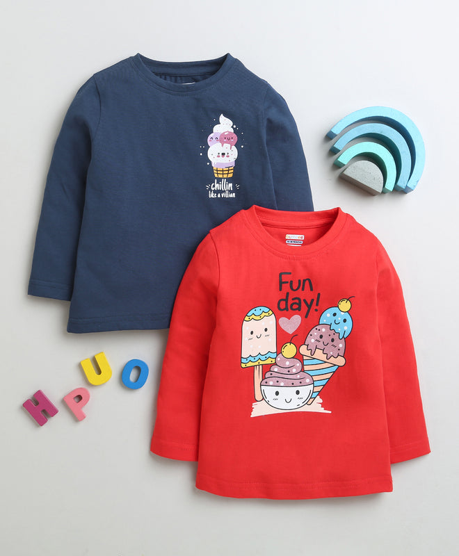Girls 100% Cotton Cuppy Cake & Ice Cream T-Shirt Pack - Navy & Red