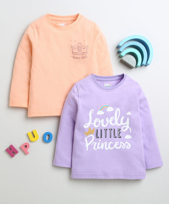 Girls 100% Cotton Text & Princess Crown T-Shirt Pack - Lavender & Orange